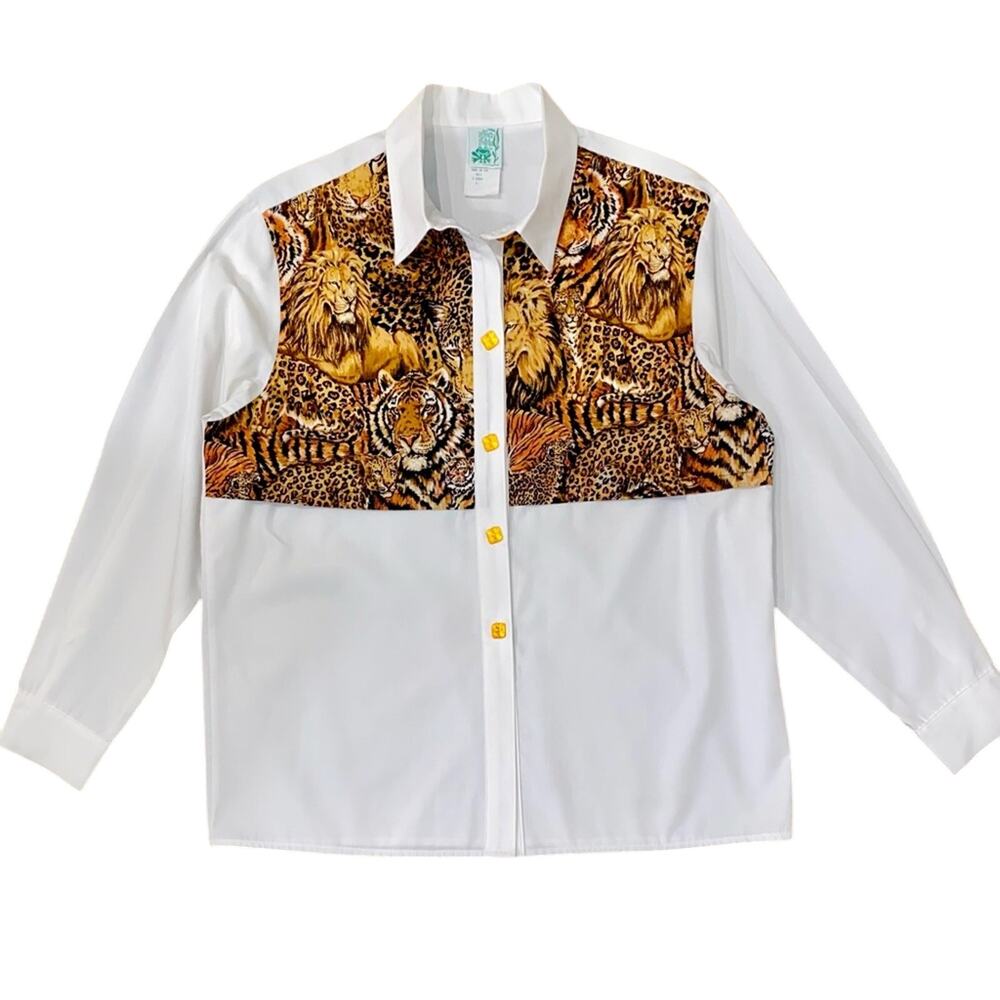 Vintage The Frog Pond Exotic Cats Lion Tiger Cheetah Button Up Shirt Size 12